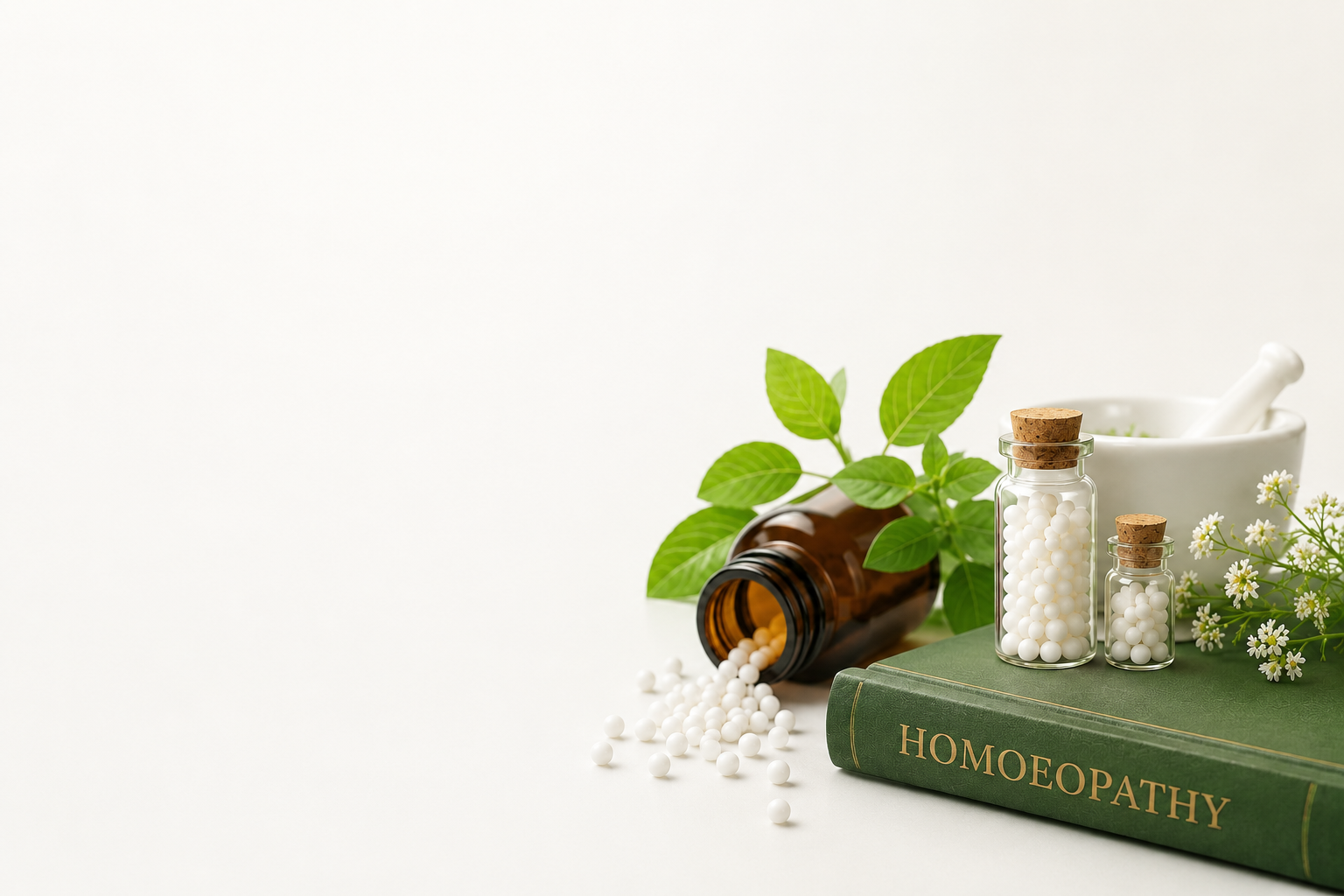 Homoeopathy mortar, pestle and medicine bottles with flowers