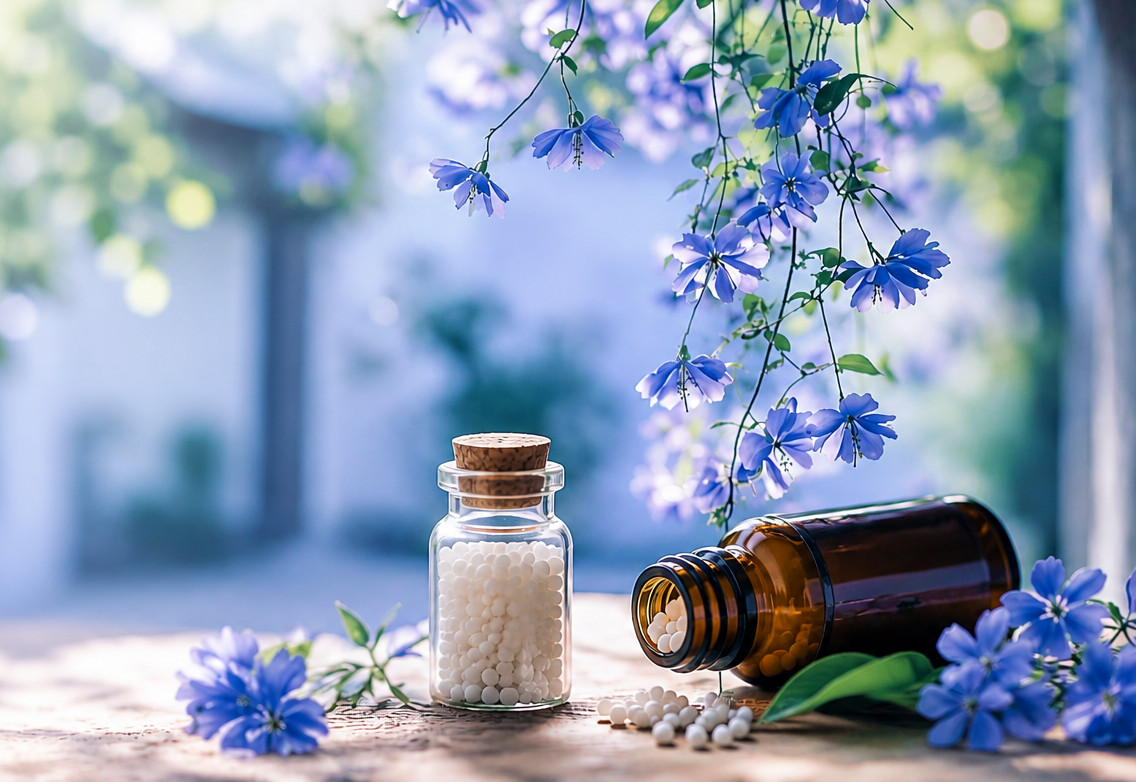 Homoeopathic medicines, flowers and natural herbs on green background